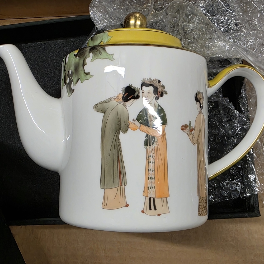 Asianera Song Dynasty Poem Hand Painted Bone China Tea Pot & 4 Cups 24K Gld Acnt
